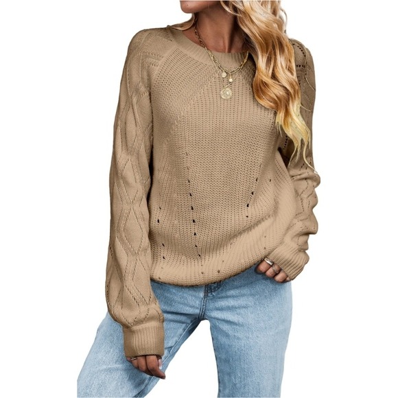 Sweaters - Cupshe Tan‎ Knit Sweater XL Long Sleeve Diamond Cutout Crew Neck Pullover NWT